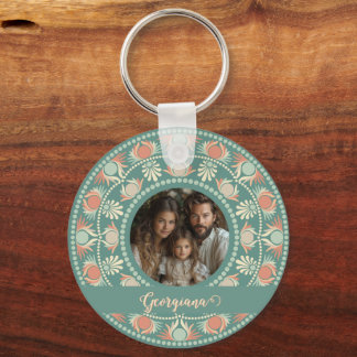 Personalised Retro Sage & Sand Mandala Photo Frame Key Ring