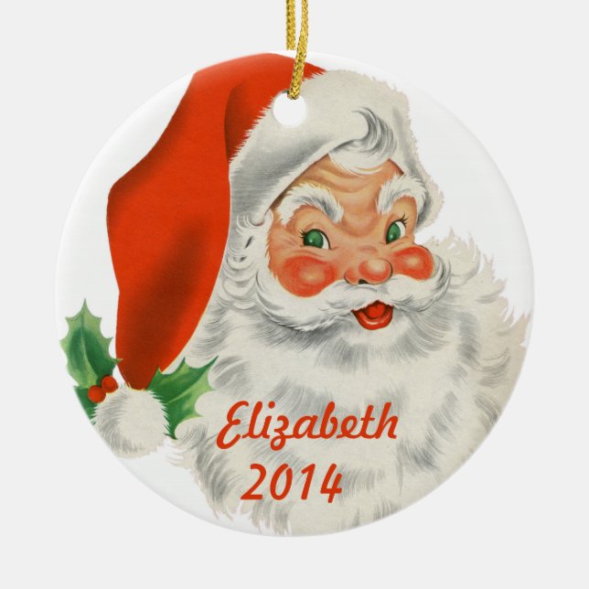 Personalised Retro Santa Claus Ceramic Tree Decoration (Front)