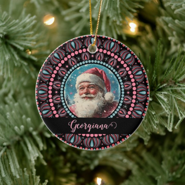 Personalised Retro Santa Pinkmas Floral Mandala Ceramic Tree Decoration (Tree)