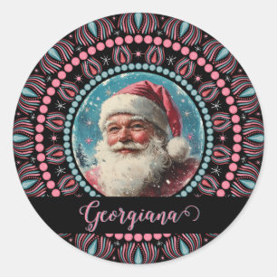 Personalised Retro Santa Pinkmas Floral Mandala Cl Classic Round Sticker