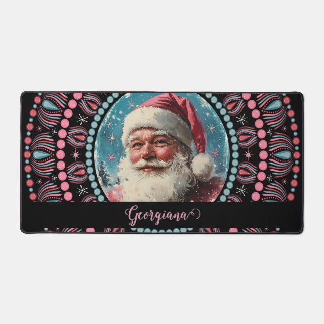 Personalised Retro Santa Pinkmas Floral Mandala Desk Mat (Front)