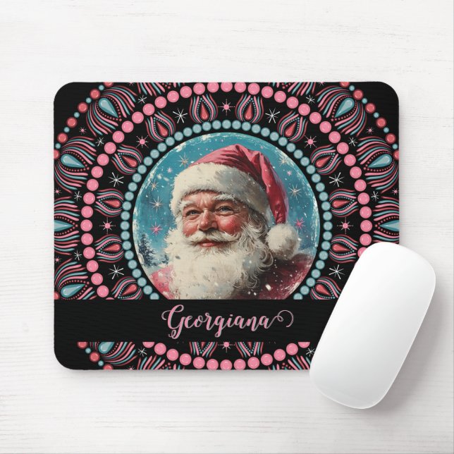 Personalised Retro Santa Pinkmas Floral Mandala Mouse Mat (With Mouse)