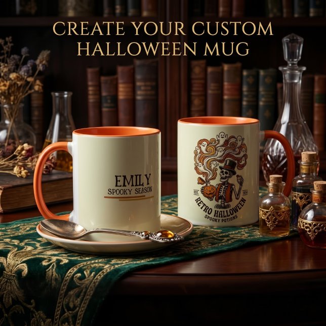Personalised Retro Skeleton Spooky Potion Mug (Double-sided retro skeleton mug with personalized name and custom Halloween text.)