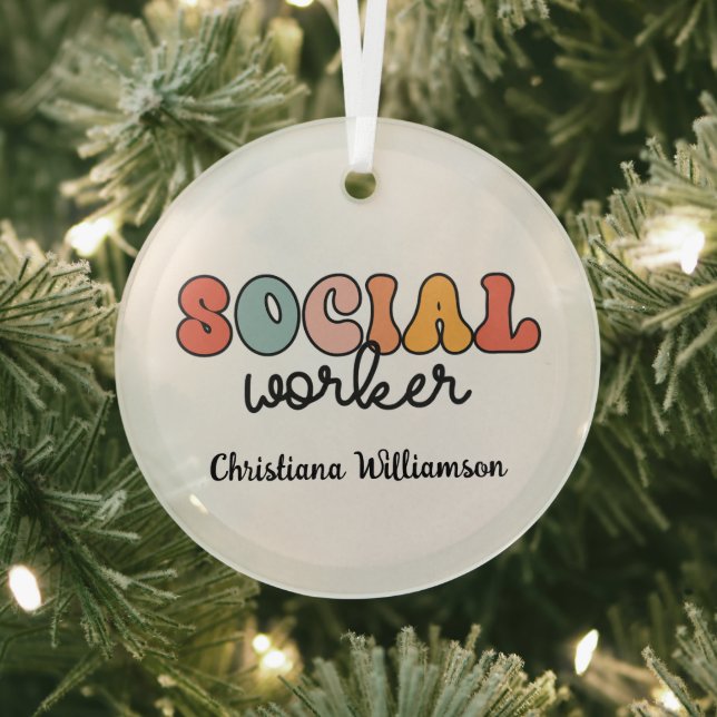 Personalised Retro Social Worker Glass Tree Decoration (Insitu)