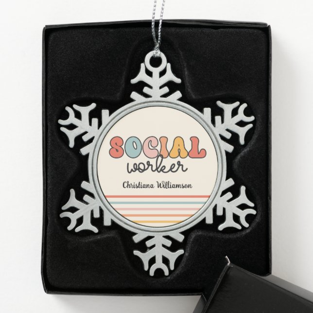 Personalised Retro Social Worker Snowflake Pewter Christmas Ornament (Box)