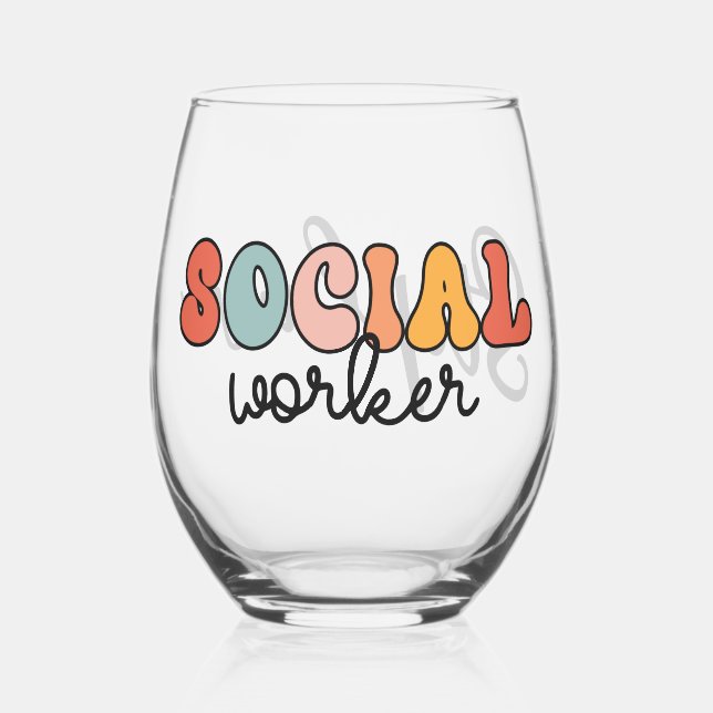 Personalised Retro Social Worker Stemless Wine Glass (Front)