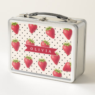 Personalised Retro Strawberry Polka Dot Vintage Metal Lunch Box