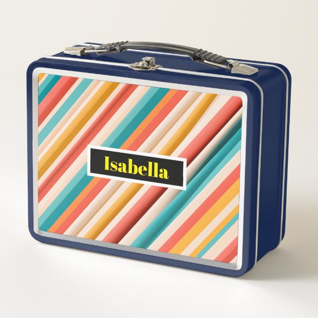 Personalised Retro Striped Metal Lunch Box  (Front)