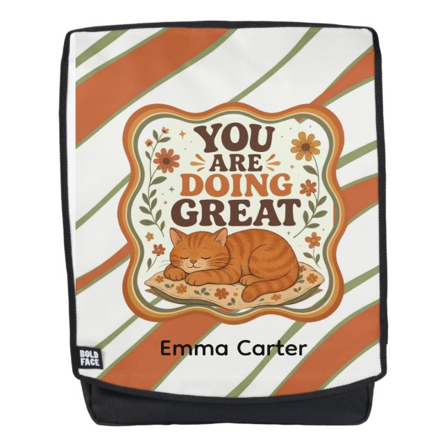 Personalised Retro Striped Orange Cat Backpack (Front)