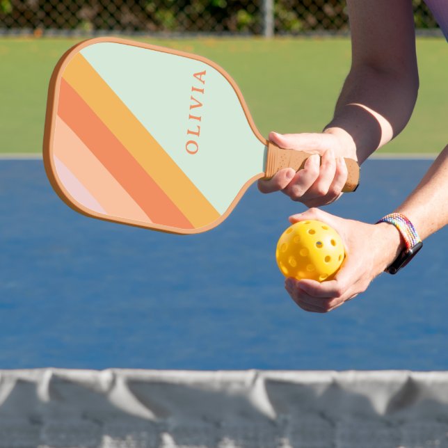 Personalised Retro Stripes Mint Peach Pastel Pickleball Paddle (Insitu)