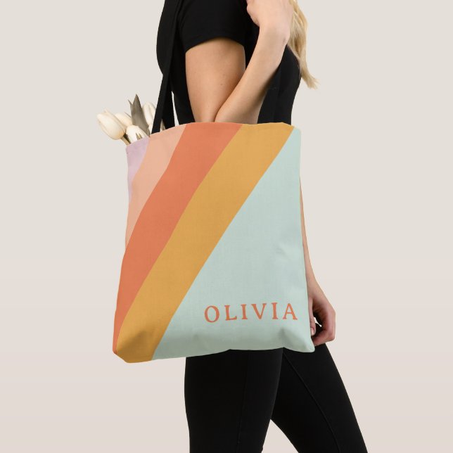 Personalised Retro Stripes Mint Peach Pastel Tote Bag (Close Up)