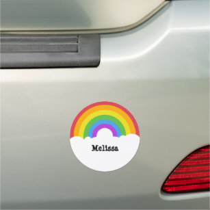 Personalised Retro Style Round Rainbow and Clouds Car Magnet