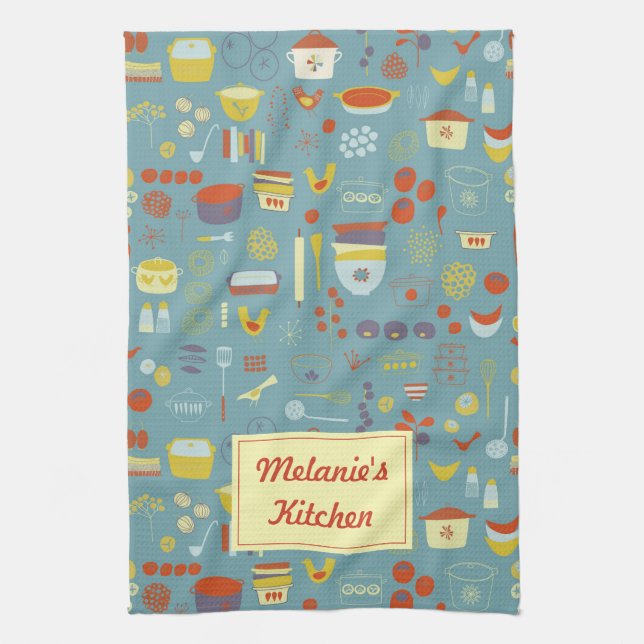Personalised Retro Vintage Cooking Pattern Tea Towel (Vertical)