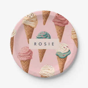 Personalised Retro Vintage Ice Cream Cone Pattern Paper Plate