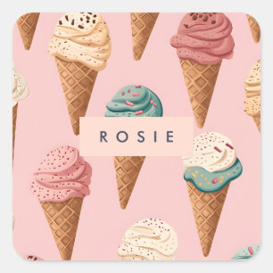 Personalised Retro Vintage Ice Cream Cone Pattern Square Sticker