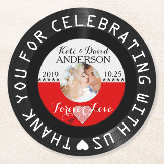 Personalised Retro Vinyl Record Wedding Favour Round Paper Coaster