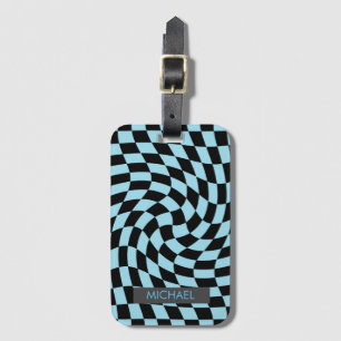 Personalised Retro Warped Black Blue Chequered    Luggage Tag