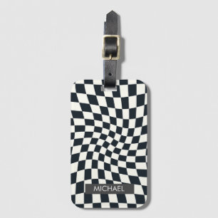 Personalised Retro Warped Black White Checks  Luggage Tag