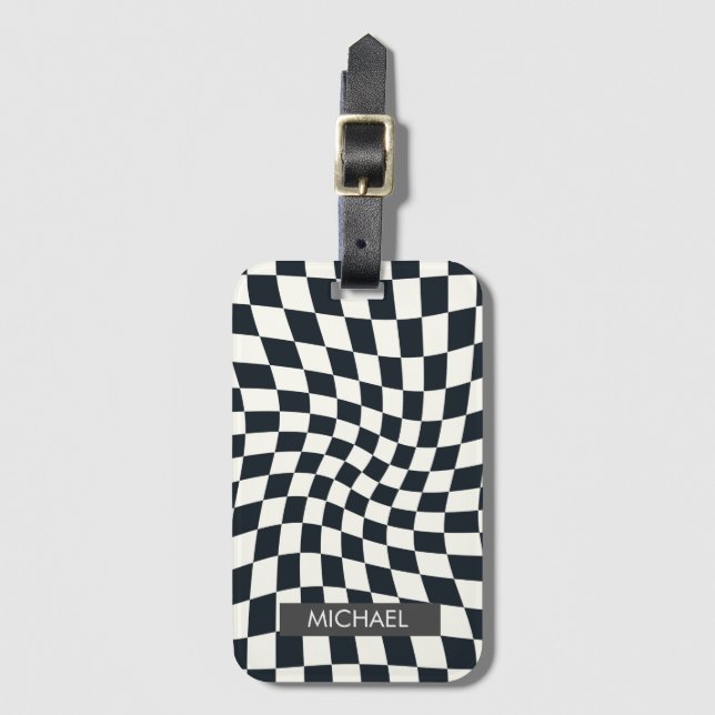 Personalised Retro Warped Black White Checks  Luggage Tag (Front Vertical)