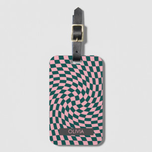 Personalised Retro Warped Green Pink Chequered   Luggage Tag