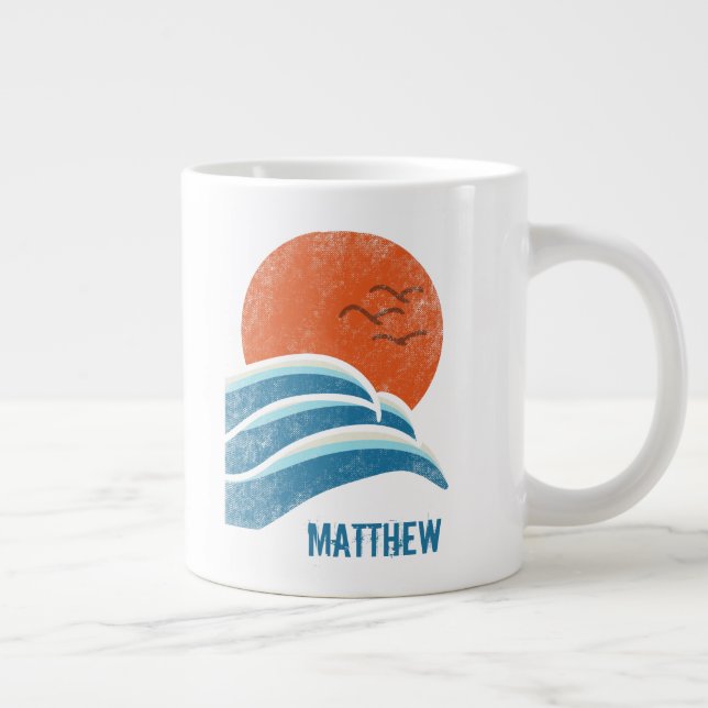 Personalised Retro Waves and Sun Beach Large Coffee Mug (Right)
