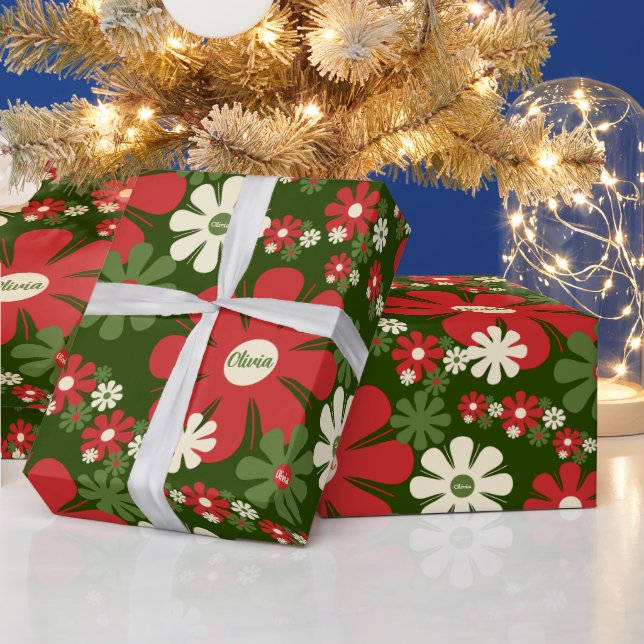 Personalised Retro Xmas 60s 70s Floral Pattern Wrapping Paper (Holidays)