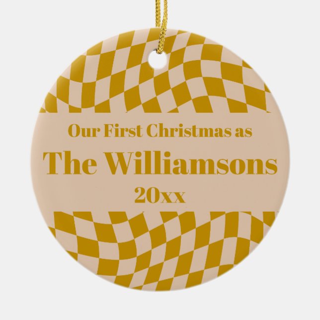 Personalised Retro Yellow Chequerboard Christmas  Ceramic Tree Decoration (Front)