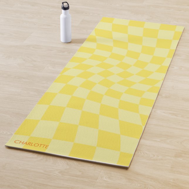 Personalised Retro Yellow Wavy Chequered Yoga Mat (In Situ)