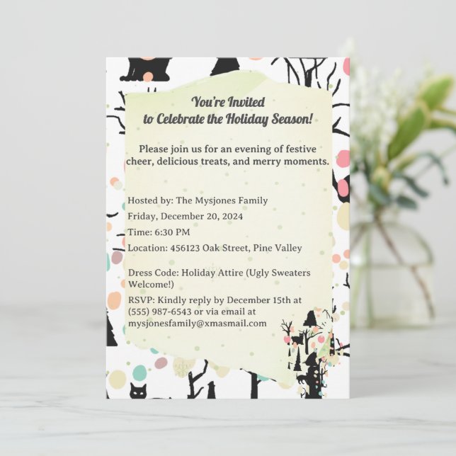 Personalised RetroMinimalist BlackCats & Branches  Invitation (Standing Front)