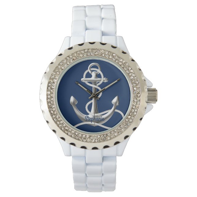 Personalised rhinestone watch silver anchor (Front)