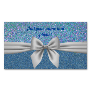 Personalised ribbon on the light blue glitter Magnetic business card