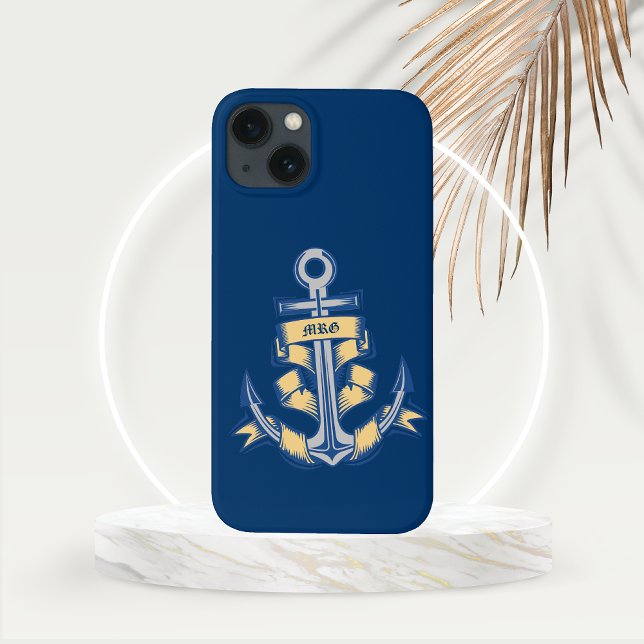 Personalised Ribboned Anchor on Azure Case-Mate iPhone Case (Personalized Ribbon Anchor on an Azure Background Nautical Theme Phone Case)
