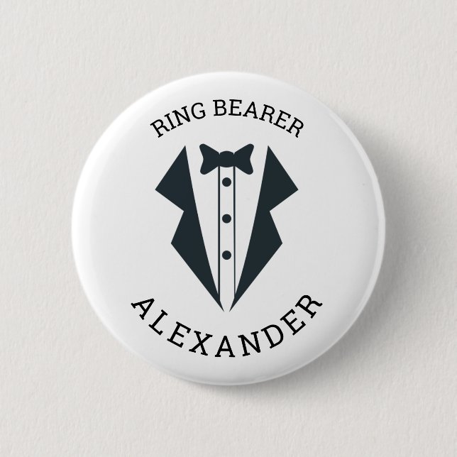 Personalised Ring Bearer Tuxedo Black White 6 Cm Round Badge (Front)