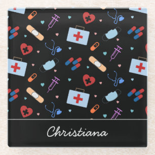 Personalised RN Nurse   Doctor Medical Pattern Glass Coaster