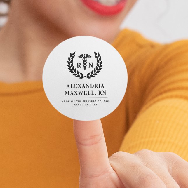 Personalised RN Nursing School Graduation Elegant Classic Round Sticker (Creator Uploaded)