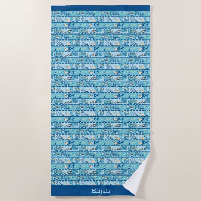 Personalised Road Construction Trucks Blue Teal Beach Towel (Front)