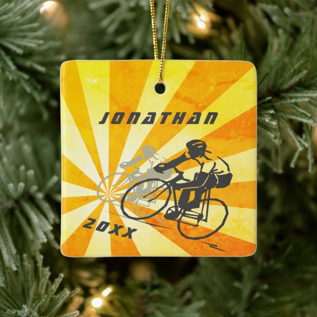 Personalised Road Cyclist Retro Bike Christmas Ceramic Ornament (Tree)