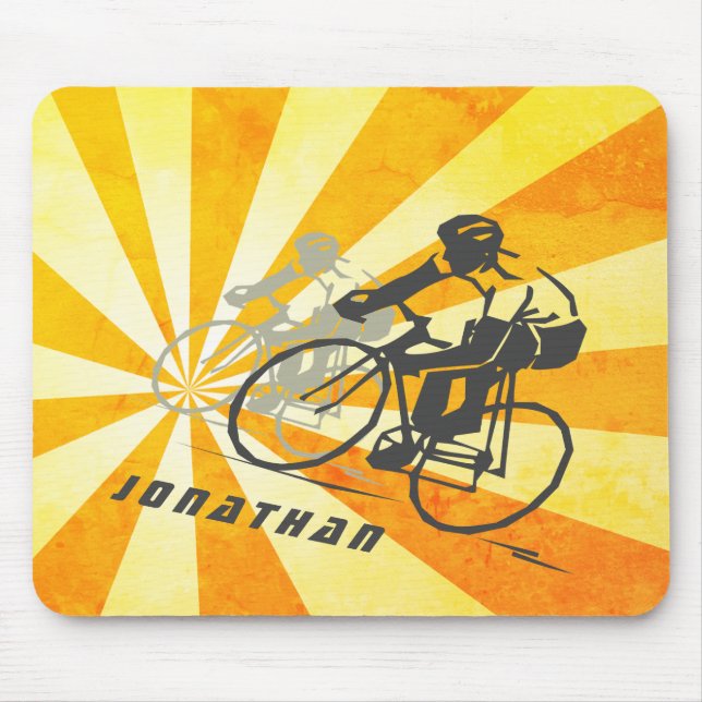 Personalised Road Cyclists and Retro Sunburst Bike Mouse Mat (Front)
