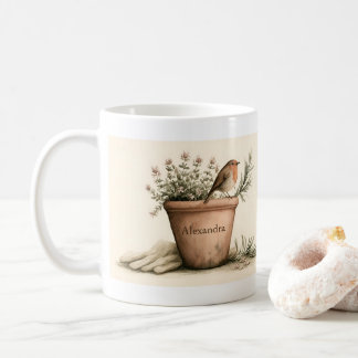 Personalised Robin and Flowering Herb Pot Garden Coffee Mug
