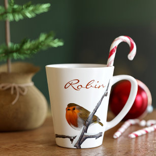 Personalised Robin Bird on Winter Branch Latte Mug