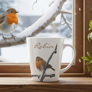 Personalised Robin Bird on Winter Branch Latte Mug