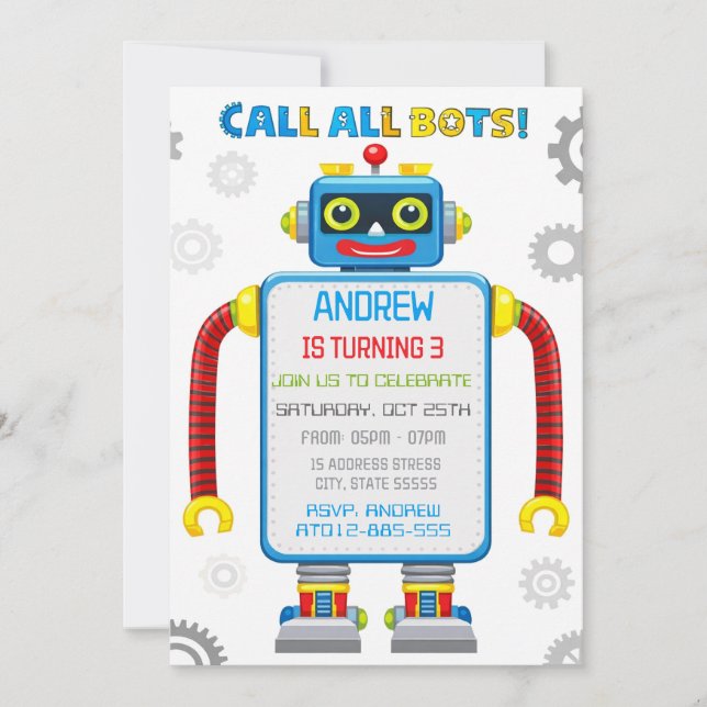 Personalised Robot Birthday invitation (Front)