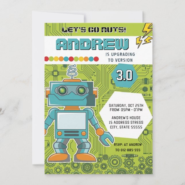 Personalised Robot Birthday Party Invitation (Front)