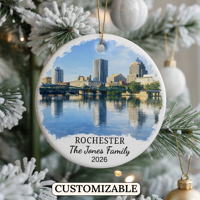 Personalised Rochester Ornament, Custom New York Ceramic Tree Decoration (Creator Uploaded)