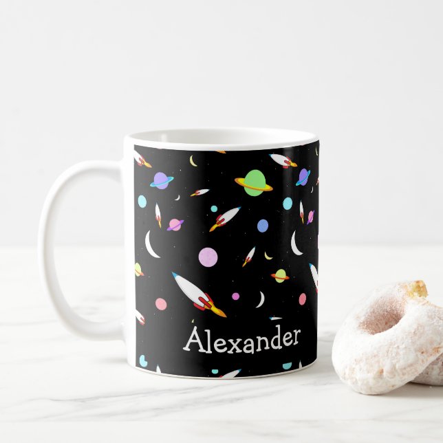 Personalised Rockets Planets Moons Stars Space Coffee Mug (With Donut)