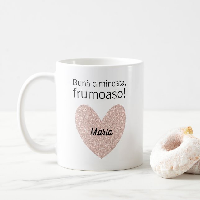 Personalised Romanian Greeting and Rose Gold Heart Coffee Mug (With Donut)