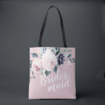 Personalised romantic blush floral bridesmaid tote bag<br><div class="desc">Watercolor botanical floral and greenery in soft blush pink,  green and navy,   with bridesmaid script and custom name on the back,  elegant and romantic,   great personalised gifts for bridesmaid.</div>
