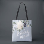 Personalised romantic dusty blue floral bridesmaid tote bag<br><div class="desc">Watercolor botanical floral and greenery in soft yellow,  dusty blue,  and grey,  with bridesmaid script and custom name on the back,  elegant and romantic,   great personalised gifts for bridesmaid.</div>