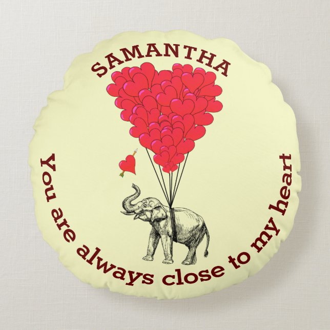 Personalised romantic elephant and red heart round cushion (Front)