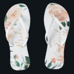 Personalised Romantic garden peach floral bride Flip Flops<br><div class="desc">Modern watercolor peach floral and botanical greenery,  elegant and romantic,  great personalised bridal party gifts for bride to be.</div>